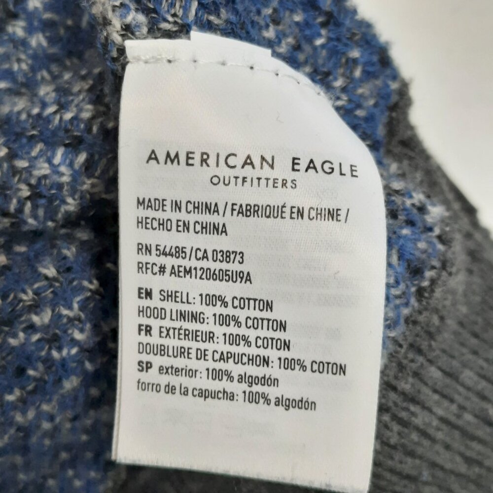 American Eagle Men's Textured Knit Plaid Hoodie Cotton Gray & Blue - Size XL - Picture 6 of 11